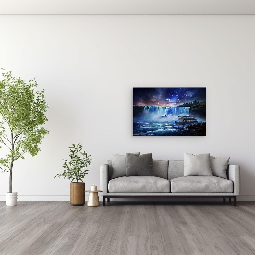 Canvas for Living room. Sailing into the Starlit Fantasy Voyage of the Great Waterfall, 27 x 18 inch Canvas Wall Art - Modern Home Decor - 69x46 cm (27x18 inch)