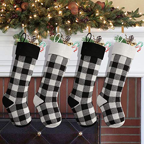 LimBridge-Knit-Christmas-Stockings-4-Pack-18-inches-Knitted-Christmas-Decorations-with-Buffalo-Plaid-Pattern-for-Family-Holiday-Season-Decor-Black-and-White LimBridge Knit Christmas Stockings 4 Pack 18 inches Knitted Christmas Decorations with Buffalo Plaid Pattern for Family Holiday Season Decor Black and White