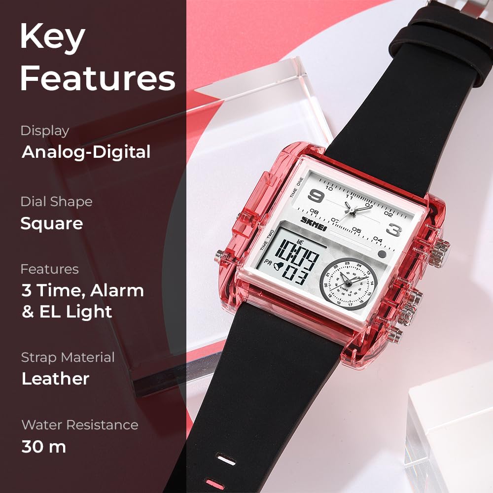 SKMEI Model 2020PK watch with key features highlighted: Analog-Digital Display, Square Dial, 3 Time Zones, Alarm, EL Light, Leather Strap, 30m Water Resistance.