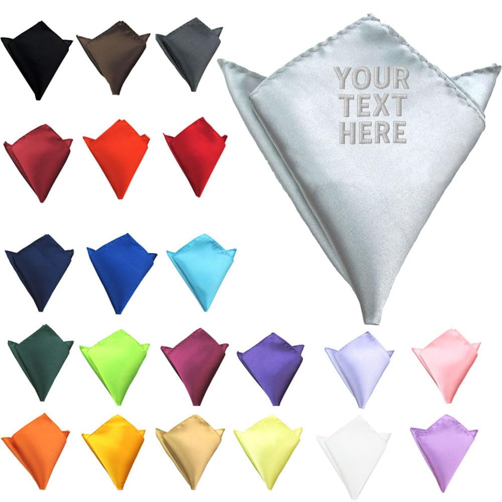 Van Der Linn Unisex Silver Personalised Embroidered Pocket Handkerchief Square Satin Wedding Formal Groom (Silver)