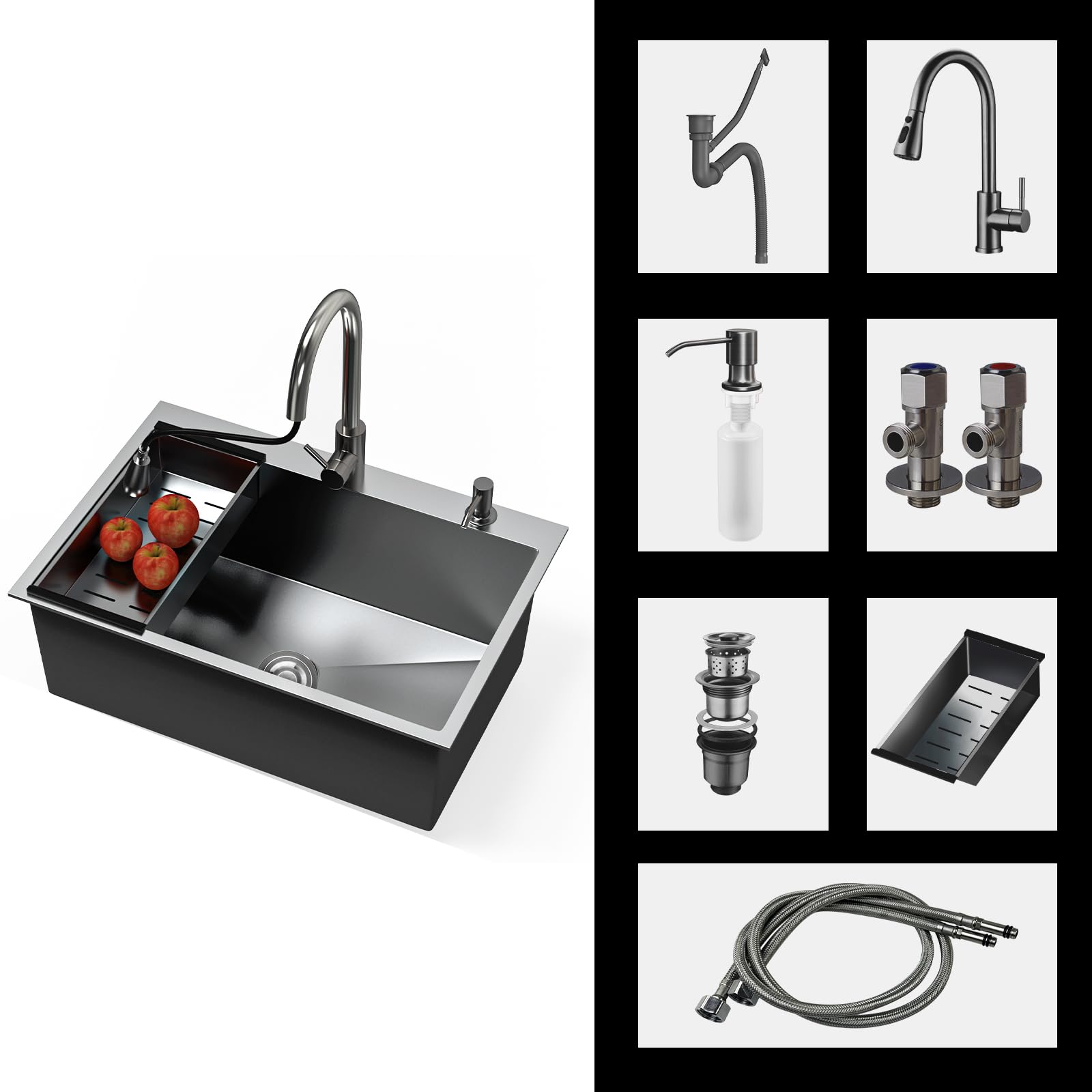 Lavandino Cucina 80 x 50 cm, Lavello Cucina 1 Vasca in Acciaio Inox con Rubinetto, Dispenser sapone, Scolapiatti, sifone e Set di Drenaggio Lavello da incasso con rubinetto multifunzionale