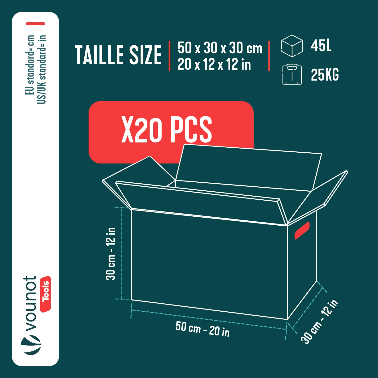 VOUNOT® Lot de 20 Cartons de Déménagement 50 x 30 x 30 cm Fabriqué en France Cartons de Rangement Renforcés 25 kg Poignées Renforcées Réutilisables 45L pour Stockage Livres Vêtements Transport