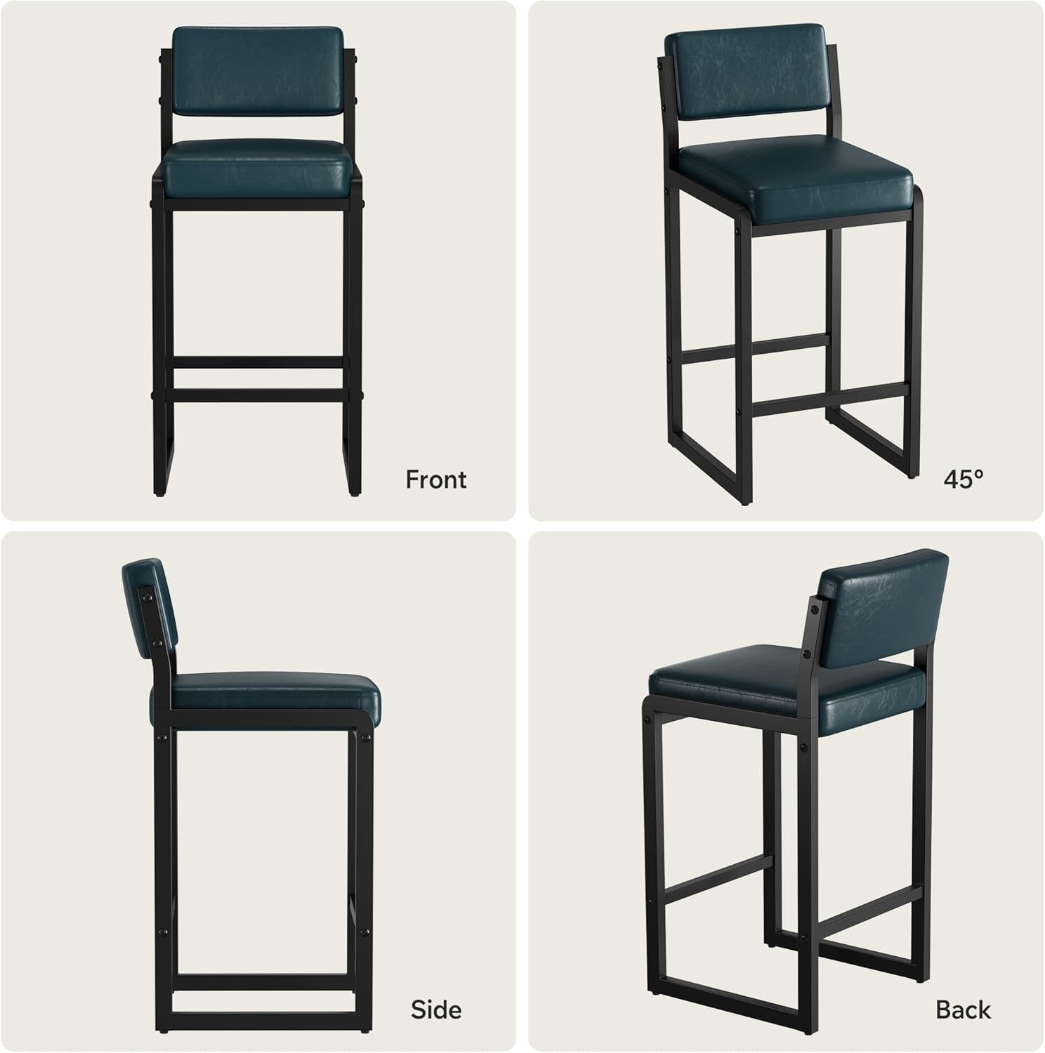 26IN Modern Bar Stools Set of 4, Faux Leather Counter Height Barstools with Back and Footrest, Sturdy Thickened Metal Leg, Kitchen Bar Chairs for Island, Dark Blue
