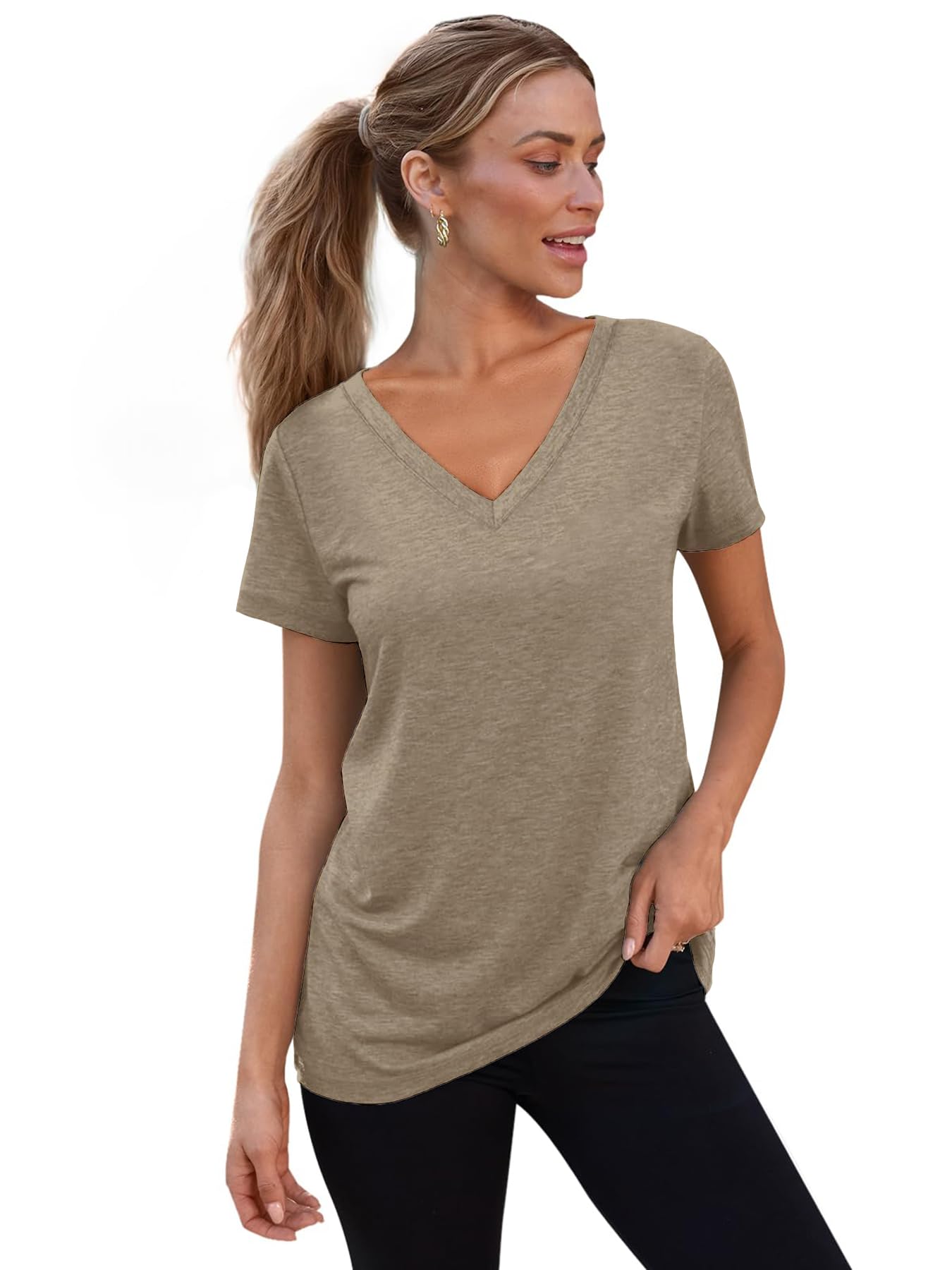 Camiseta de manga corta con cuello en V para mujer, color liso, casual, ajuste cómodo, suave, elástica, para uso diario, 1/3 piezas