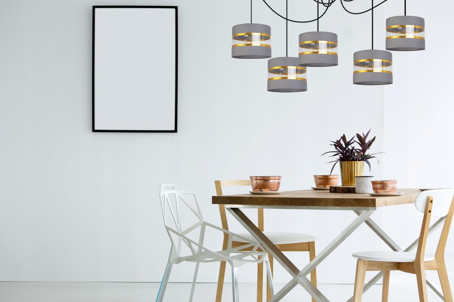 Light-Home Spider Elegance Deckenleuchte Pendelleuchte - Moderner Deckenleuchter für Schlafzimmer Wohnzimmer und Küche im Glamour - E27 mit 5 Lichtpunkten - Lampenschirm Stoff 20cm - Schwarz und Grau