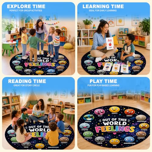 Feeling Wheel Chart Round Rug for Classroom - Round Emotional Regulation Mat, Mental Health Composition Notebook Carpet, Calming Corner Decor, Back to School Gift (Feeling Space Theme) - Image 6