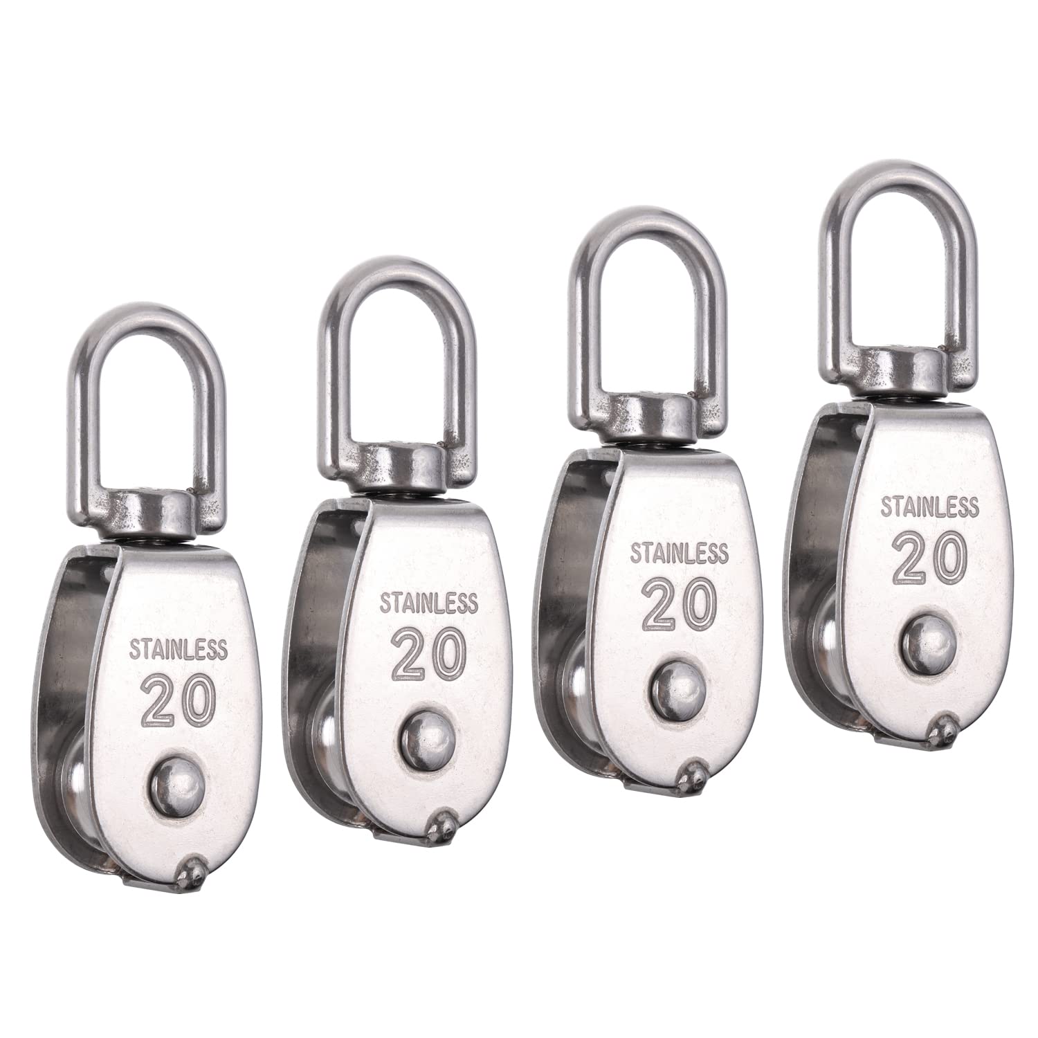 Rocaris 4 Pack M20 Single Pulley Block, Single Pulley & Double Pulley 304 Stainless Steel Wire Rope Lifting Swivel Hook