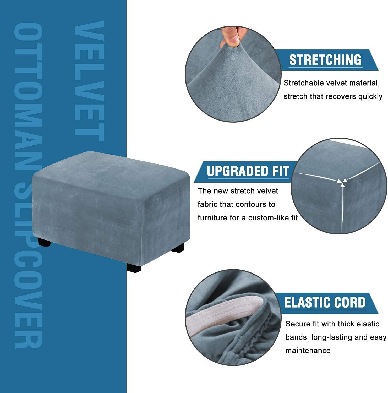 Velvet Rectangular Ottoman Cover, Stretch Square Footstool Cover Foldable Soft Ottoman Cover Non-Slip Washable Sofa Protector for Living Room(Blu-c,Grande)