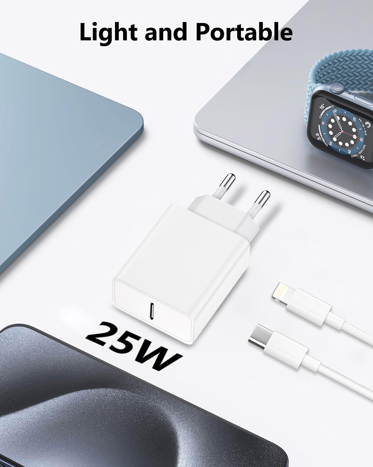 Caricatore iPhone Veloce con Cavo Lightning 2 Metri, 25W Caricabatterie iPhone Caricatore USB C per iPhone 14 Pro Max/14 Plus/13/12 Mini/11/XR/XS/8
