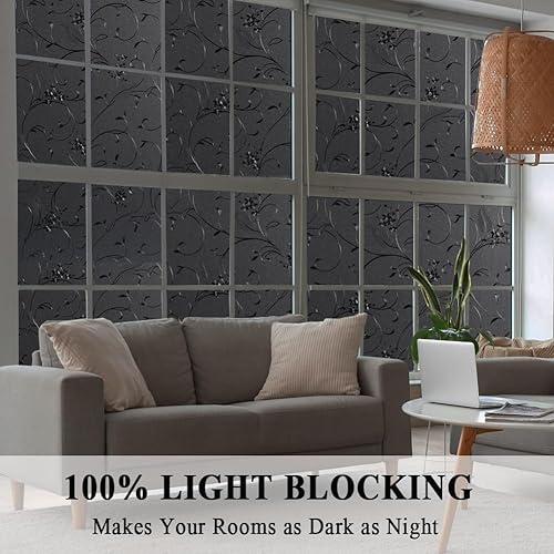Miniatura 3 de Mikomer Película opaca total para ventana, 100% bloqueo de luz, película de vidrio para puerta, flores grabadas, oscurecimiento de la habitación