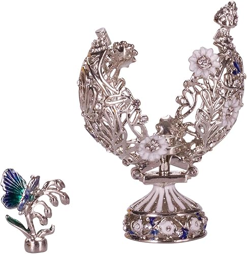 Miniatura 2 de danila-souvenirs Huevo tallado estilo Faberge con flores y mariposa 2.8'' (2.8 in) color plata