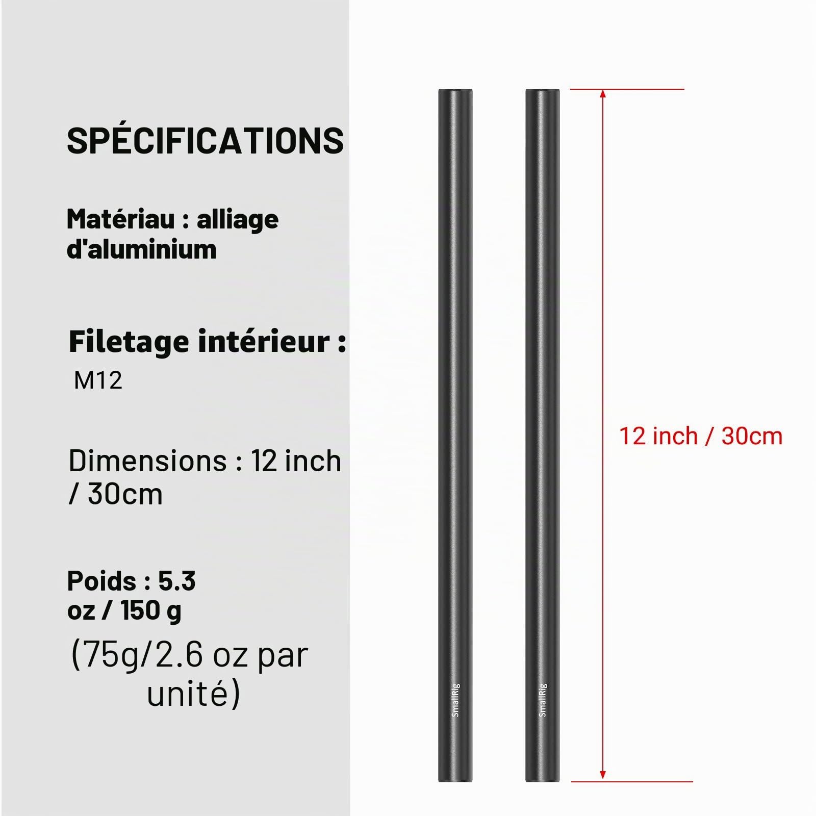 SMALLRIG 15mm Rod en Alliage D'aluminium 30cm, Lot de 2-1053