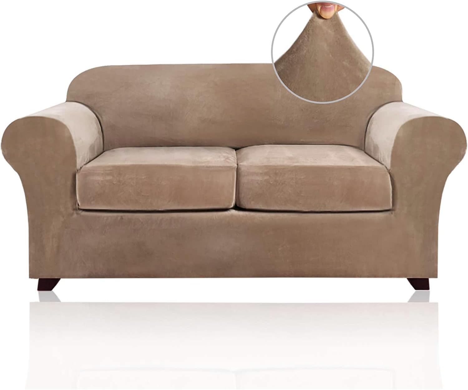 Velvet Couch Cover Loveseat Covers for 2 Cushion Couch 3 Piece Sofa Covers for Dogs Washable Loveseat Covers Width Up to 72 Inch No Slip Stretch Sofa Slipcover(Medium, Camel)