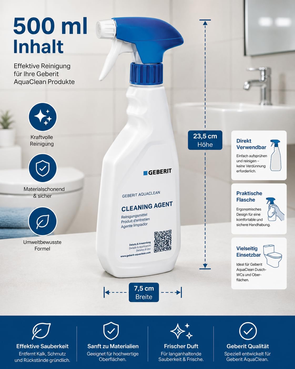 Pflege-Set für Geberit AquaClean Dusch-WC, Reinigungsmittel 500 ml + Entkalkungsmittel 4 x 125 ml + Mikrofasertuch 40 x 40 cm, materialschonend und gebrauchsfertig