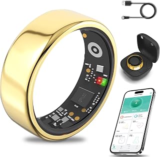 Smart Ring for Women Men with a Black Charging Box,Bluetooth Connection,Health Ring,IP68 Waterproof, Fitness Ring Tracks Heart Rate/Sleep/Steps/Sports Activities/Blood Oxygen(Gold 13)