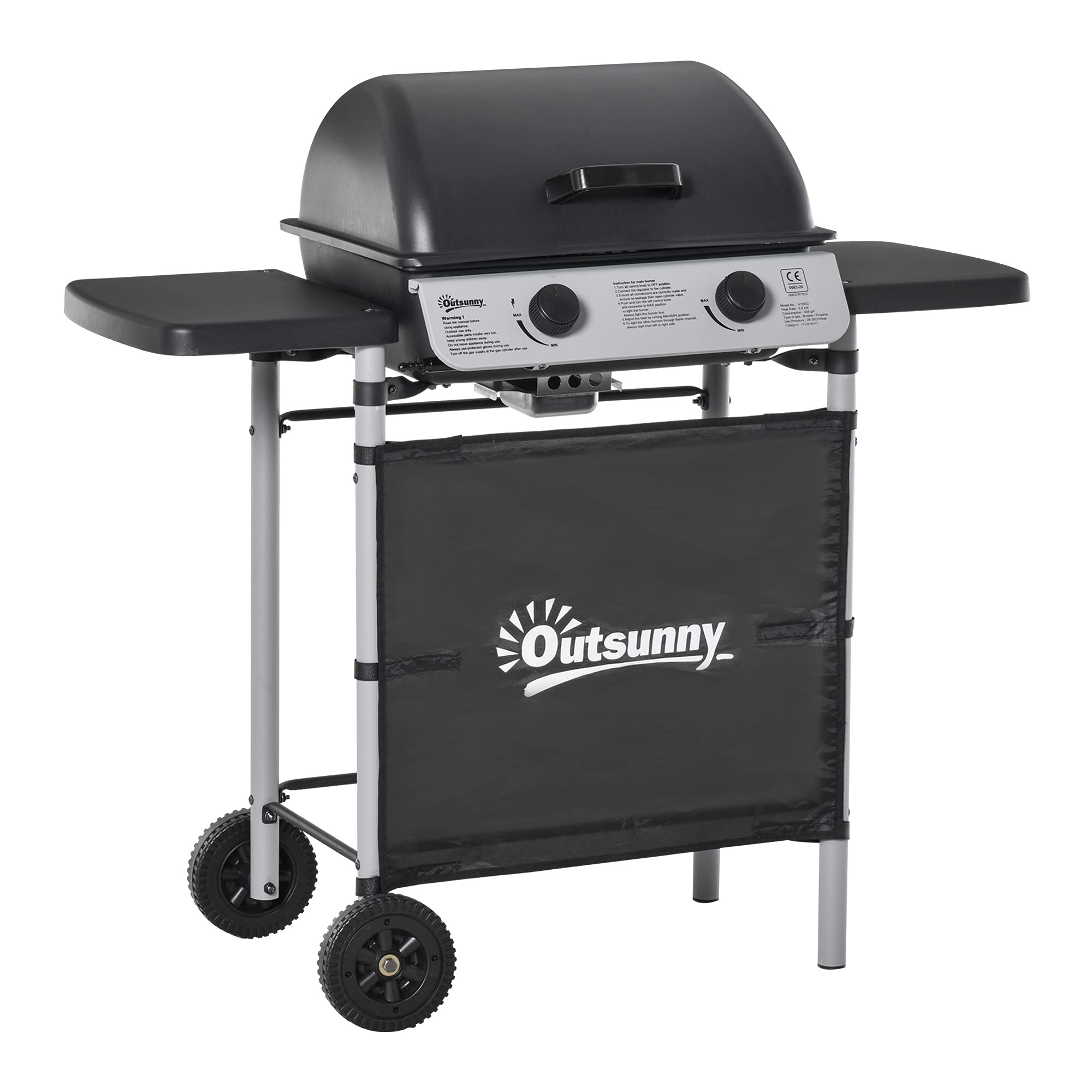 Outsunny Barbecue a Gas 5.6kW 2 Bruciatori, BBQ in Acciaio con Ruote e Mensole, 104x49x99cm Nero