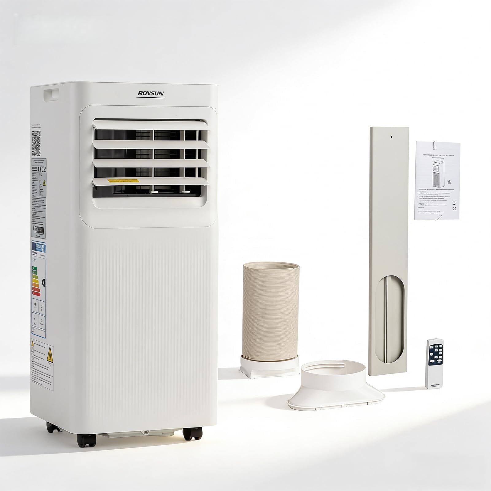 ROVSUN Climatiseur Mobile 7000 BTU 4 en 1 – Rafraîchissement, Ventilation, Déshumidification, Mode nuit Silencieux <65 dB, Minuterie 24h, Roulettes 360°, Télécommande + Wi-Fi, 20 m², Blanc, classe A