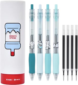 Kaco KEYBO Gel Ink Pens 4 Pieces Different Blue Color Ink with Extra 4 Black Refills, Aesthetic Pens Office Supplies