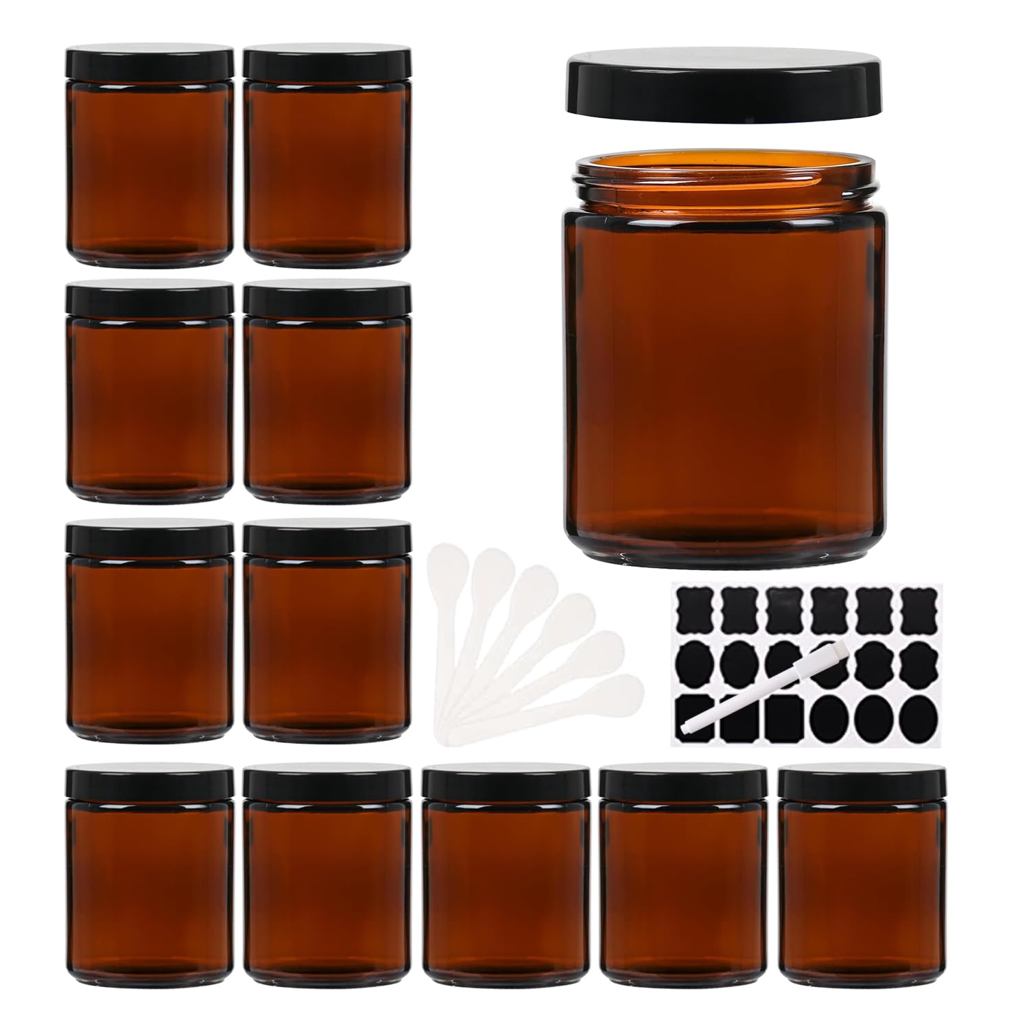YBCPACK 12 Stück braune Glastiegel 250ml, Braunglas Tiegel mit Deckel, leere Cremedosen zum Befüllen, Salbentiegel für Cremes, Lotionen, Kosmetik und Ätherische Öle