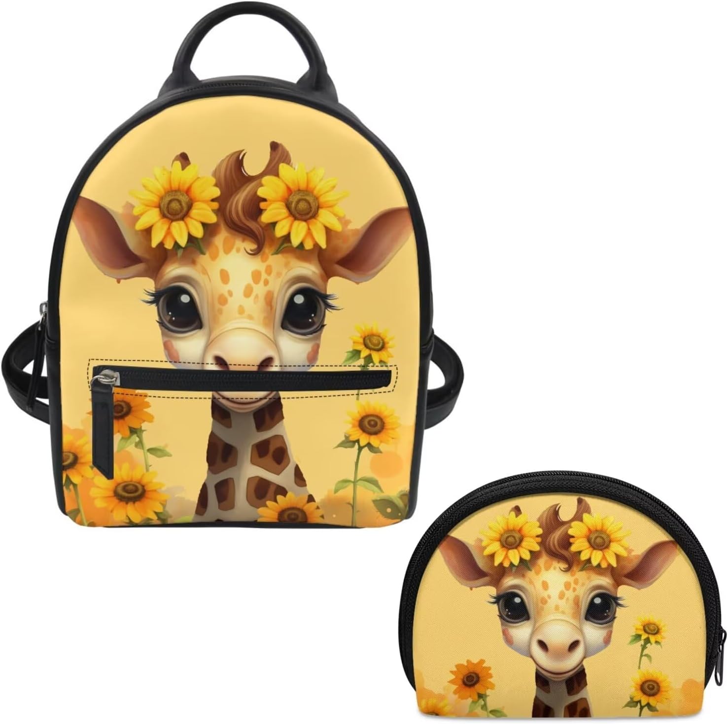 ZOUTAIRONG Giraffe Sunflower Mini Backpack Purse for Teen Girls Small Daypack Womens Wallet Set Travel Storage Bag Casual Rucksack Shoulder Bag Satchel Purse Handbags Yellow