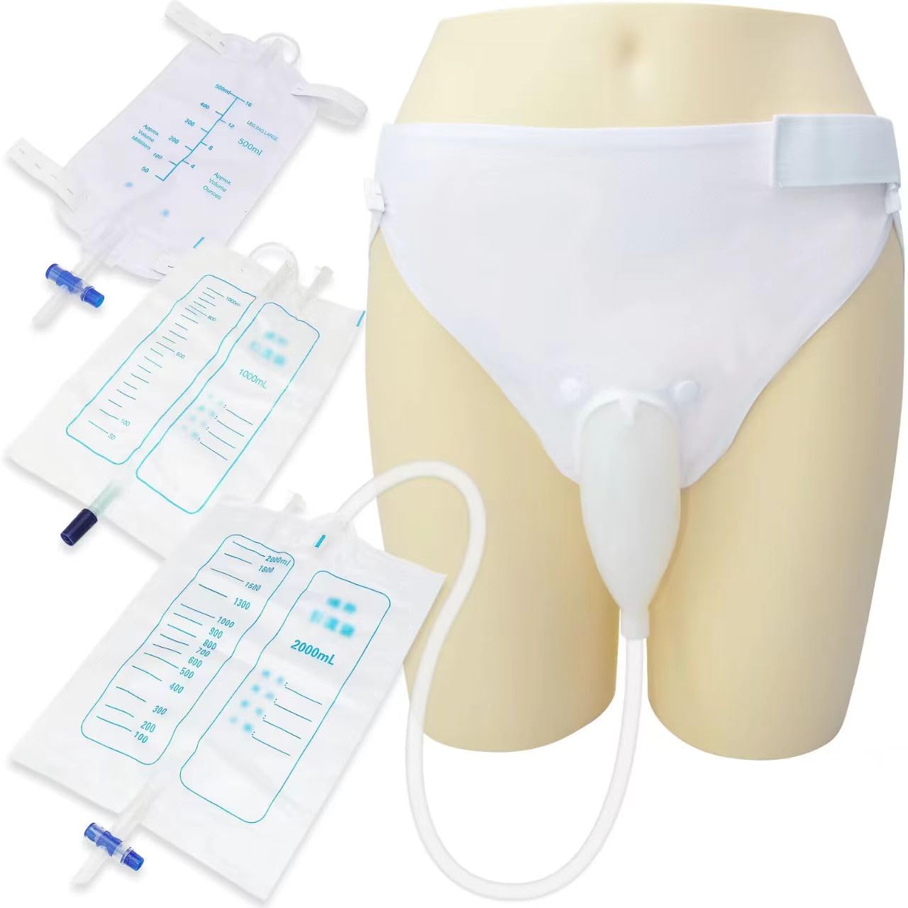Bolsa de orina portátil para hombre y ancianos (2000 ml + 1000 ml + 500 ml), bolsa de orina externa gruesa mejorada, material de silicona sin fugas, transpirable, reutilizable para incontinencia