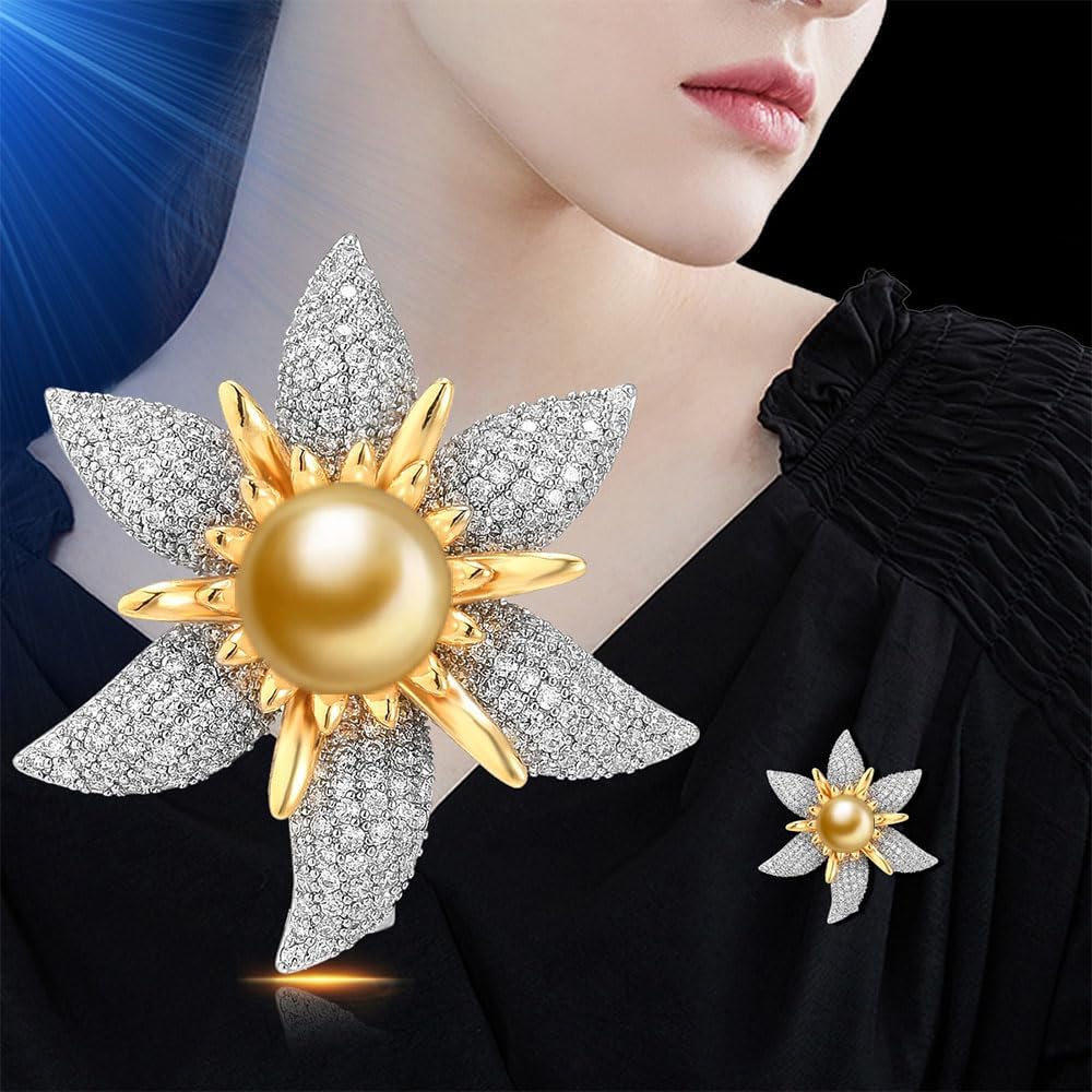 NONNYL Elegant South Sea Golden Pearl Brooch Pins Costume Jewelry For Women Fashion Christmas Gifts Wife Mom Girlfriend, Anniversary Birthday Fine Jewelry Gifts for Her NO1144