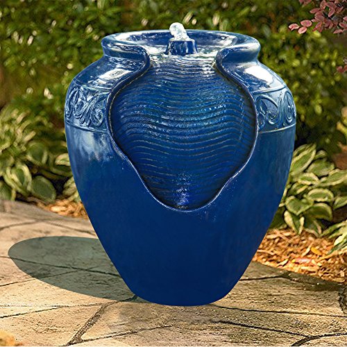Teamson Home Floor Glazed Pot Water Fountain With Built-In Led Light And Pump For Outdoor Indoor Patio Garden Backyard Decking Home Décor, 17 Inch Height, Royal Blue #TOP1