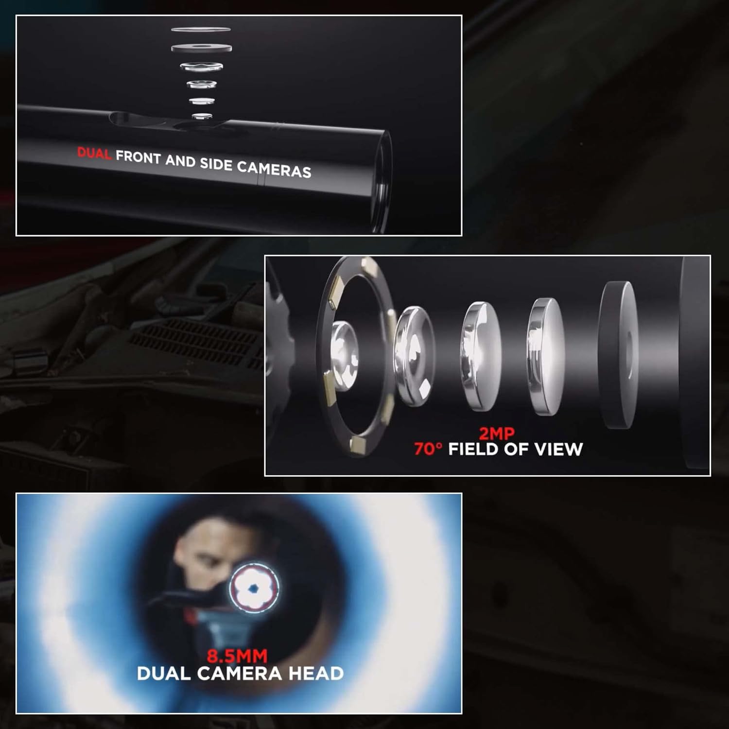 Autel MV480 MaxiVideo Inspection Camera Industrial Endoscope Semi-Rigid Flexible Cable 10-Level Adjustable LED Light Dual Front and Side Cameras High Resolution Advanced MV108 MV105 MV160 MV400 MV460