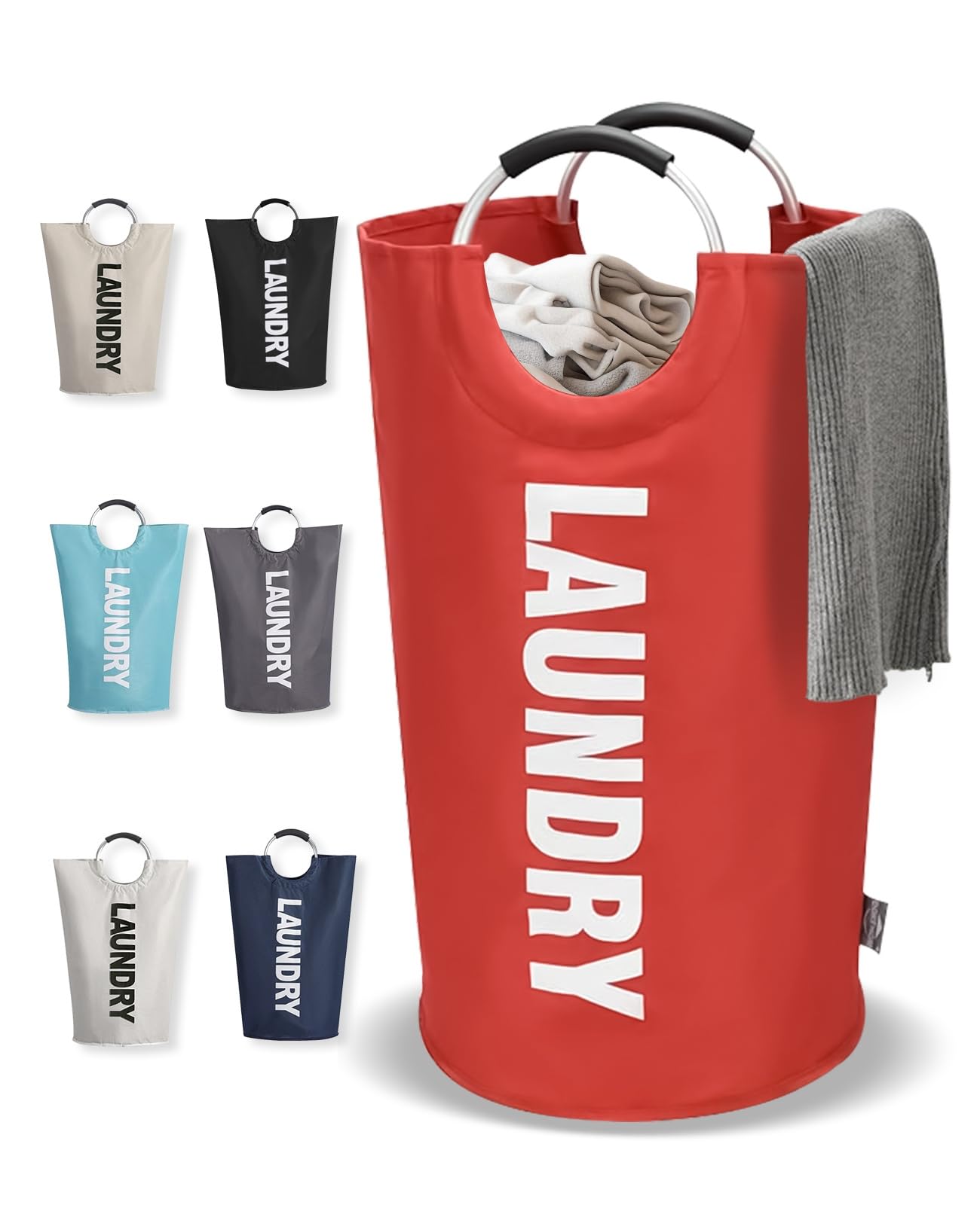 115L Large Laundry Basket, Collapsible Laundry Hamper with Aluminium Handles, Waterproof Oxford Fabric Freestanding Tall Laundry Bag, Dirty Clothes Bin (Red, 115L)