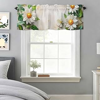 White Daisy Valances for Windows, Spring Vintage Green Leaf Bow Light Wood Grain Retro Kitchen Valance Light Filtering Rod Pocket Short Curtains for Kitchen Bathroom, 1 Panel, 54"x18"