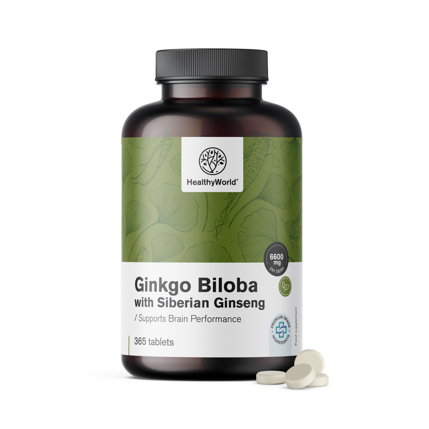 HealthyWorld Ginkgo Biloba + żeń-szeń syberyjski 6600 mg – Wysoka dawka, jakość premium – Wsparcie mózgu, pamięci i koncentracji – 365 tabletek – Ekstrakty 50:1 i 10:1