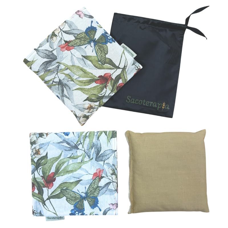 Saco Térmico de Semillas para Microondas - 15 x 15 cm - Doble Uso Frío o Calor - Alivio Natural para Cólicos y Dolor Muscular - Relleno de Romero, Trigo y Lavanda - Estampado Mariposas - SACOTERAPIA