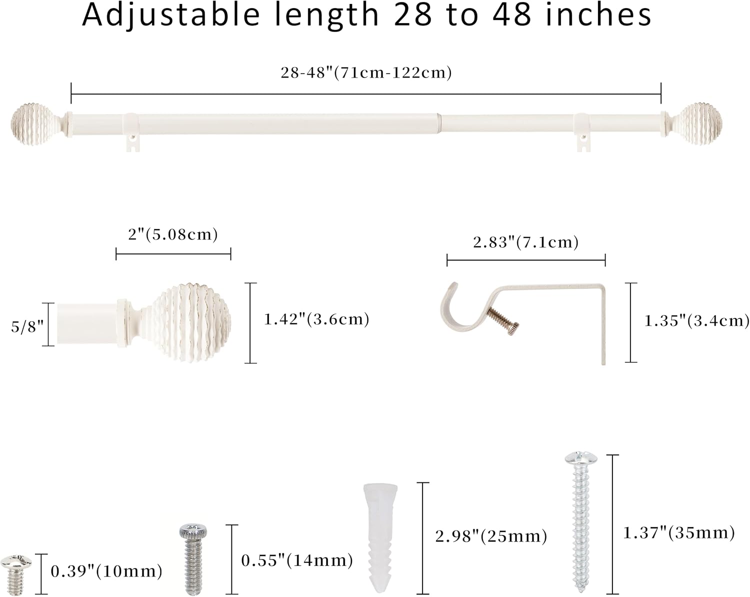 5/8" Single Curtain Rod with Boule Finials (Weathered White, 28''-48'')