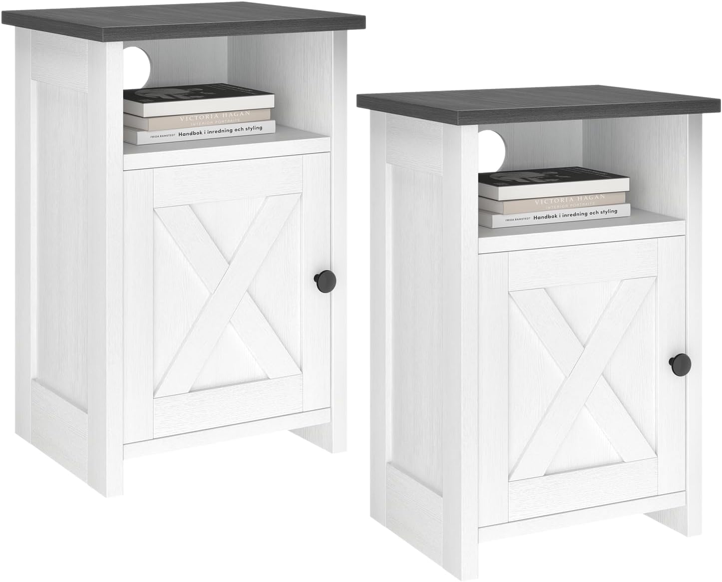 Farmhouse End Table Set of 2, Nightstands with Barn Door and Storage Shelf, Rustic White Bed Side Table for Living Room, Bedroom, Entryway, Office, Small Spaces, White