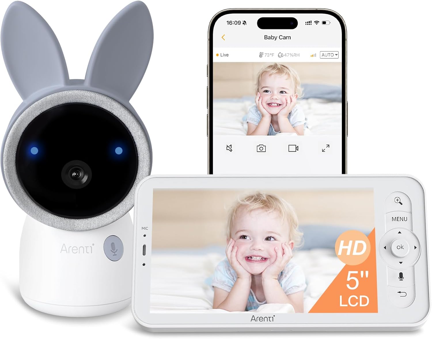 ARENTI Baby Monitor with Camera and Audio, 4MP Video Baby Monitor with 5" Screen, Dual-Band 2.4G/5G WiFi with App, Cry & Motion Detection, Auto Tracking, Temp&Humidity Sensor, Night Vision,2-Way Talk