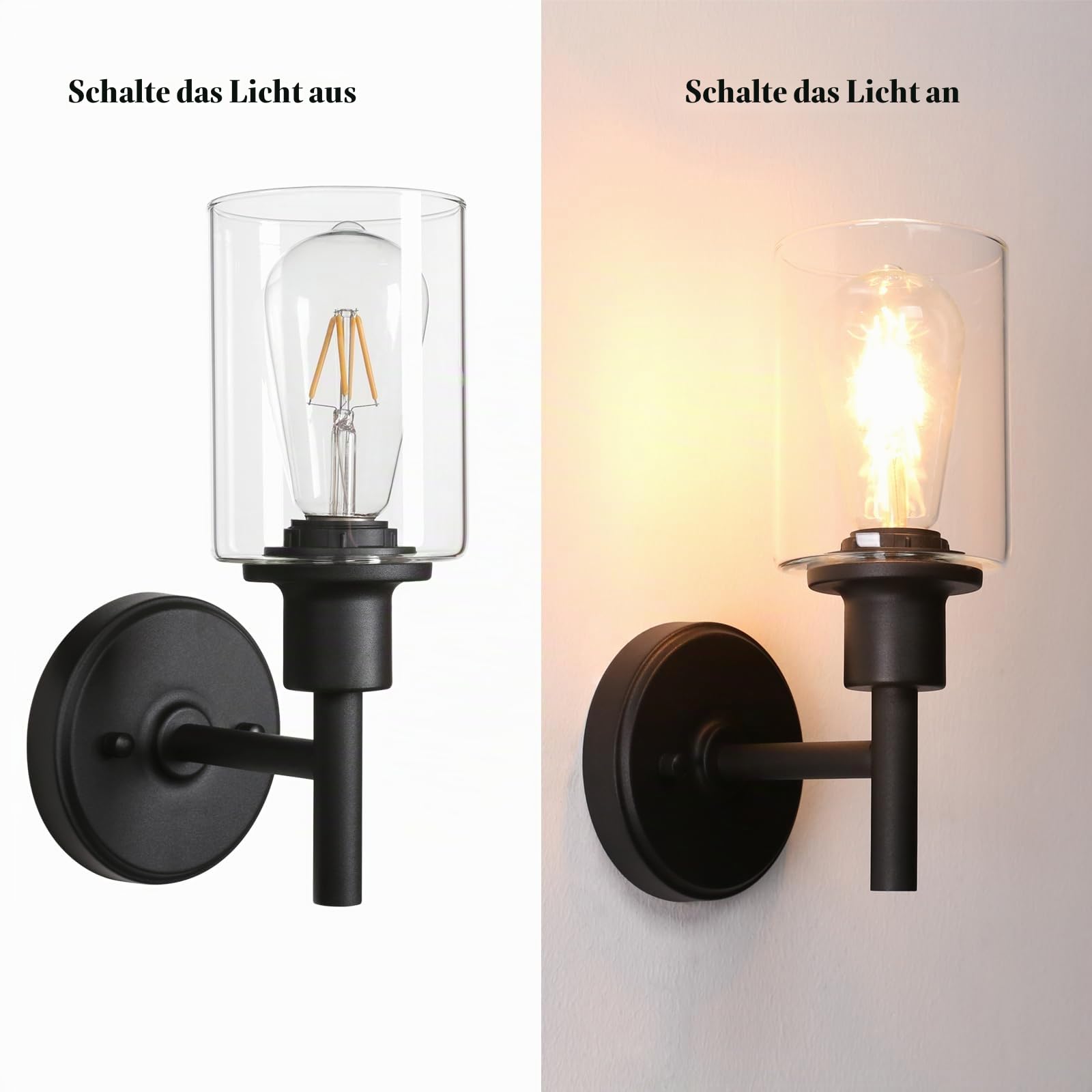 Phansthy E27 Wandleuchte mit klarglas Lampenschirm Wandlampe Industrielle Wandleuchte Wandbeleuchtung Landhausstil Lampe für Flur Schlafzimmer Wohnzimmer Küche Badezimmer Gästezimmer etc (Schwarz)