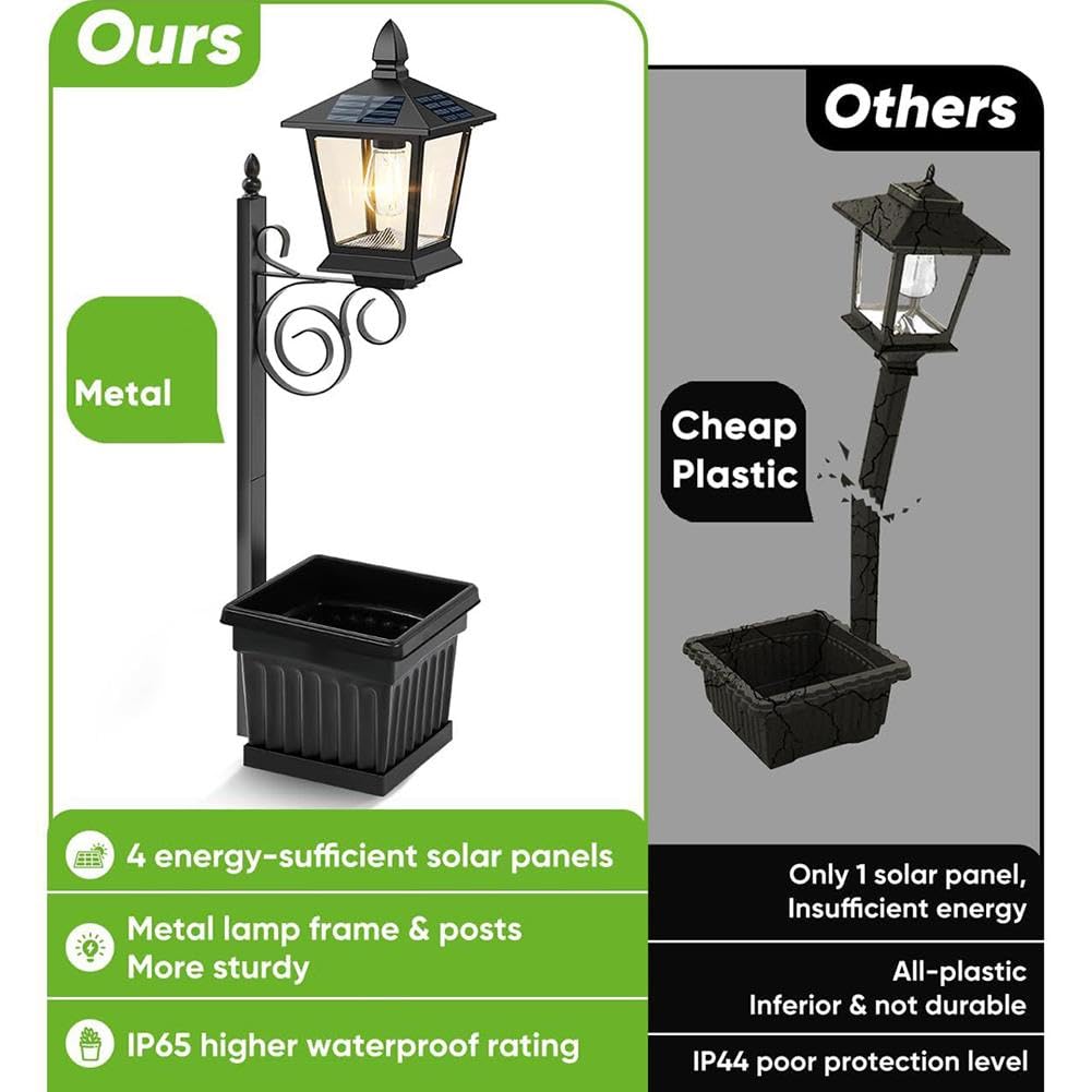 Lampada a energia solare con fioriera, sensore dal tramonto all'alba, vaso da fiori 2 in 1 per giardino, cortile, vialetto, portico, patio, ideale per fiori veri o artificiali