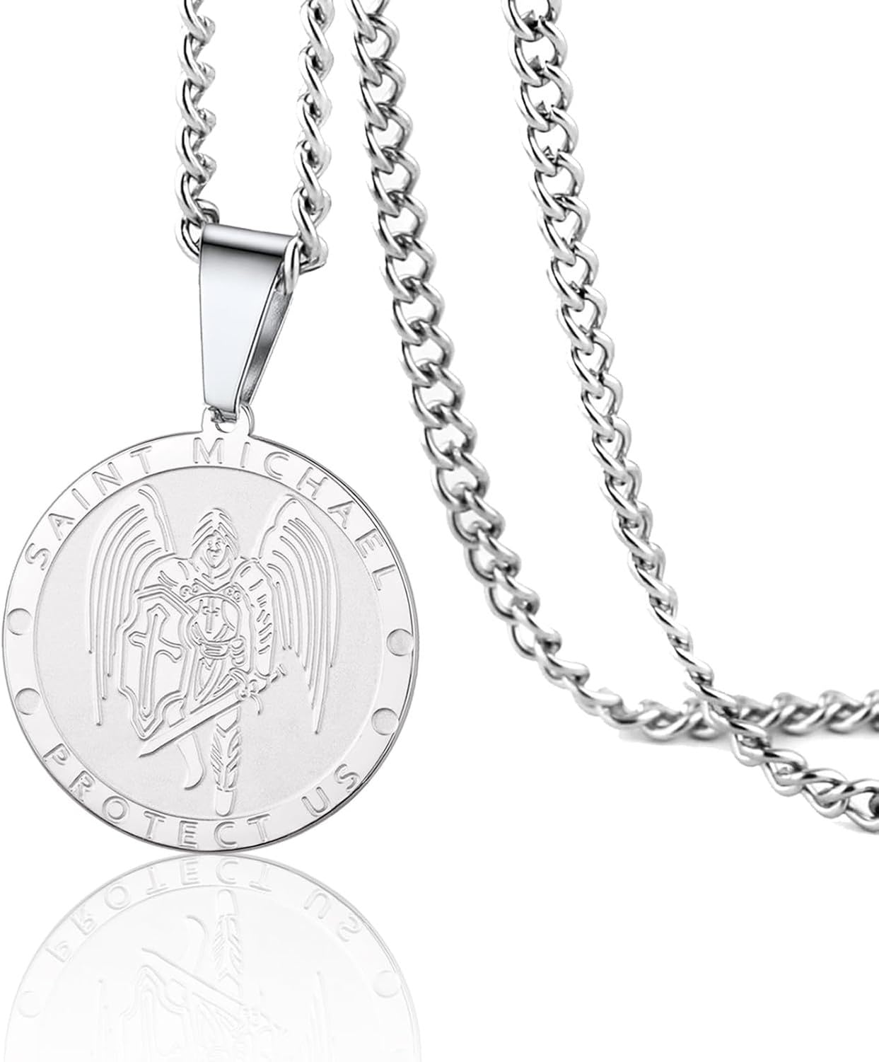 LGBBTI Protection Pendant Amulet Necklace Saint Michael Archangel Medallion Medal Jewelry Patron Miracle Coin Charm Engraved Gifts for Men Women, Silver Saint Michael Necklace