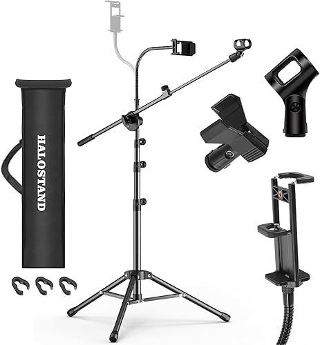 Miniatura 8 de Soporte de micrófono con clip para iPad, soporte de micrófono plegable de suelo con clip para teléfono, brazo de trípode resistente con 2 clips de