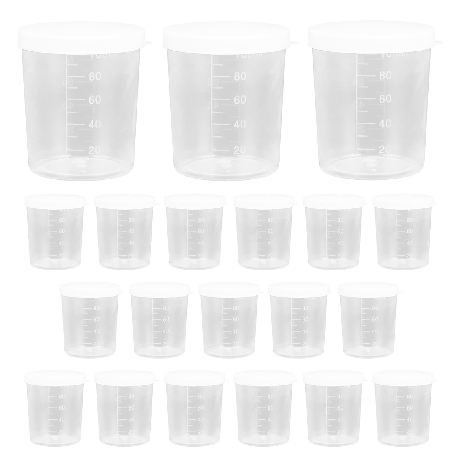 MUCKLILY 20pcs Graduated Measuring Cups with Lid Clear Sample Collection Cup for Laboratory Lidded Plastic Storage Cups Scale Cups for Liquid Testing (100ml)