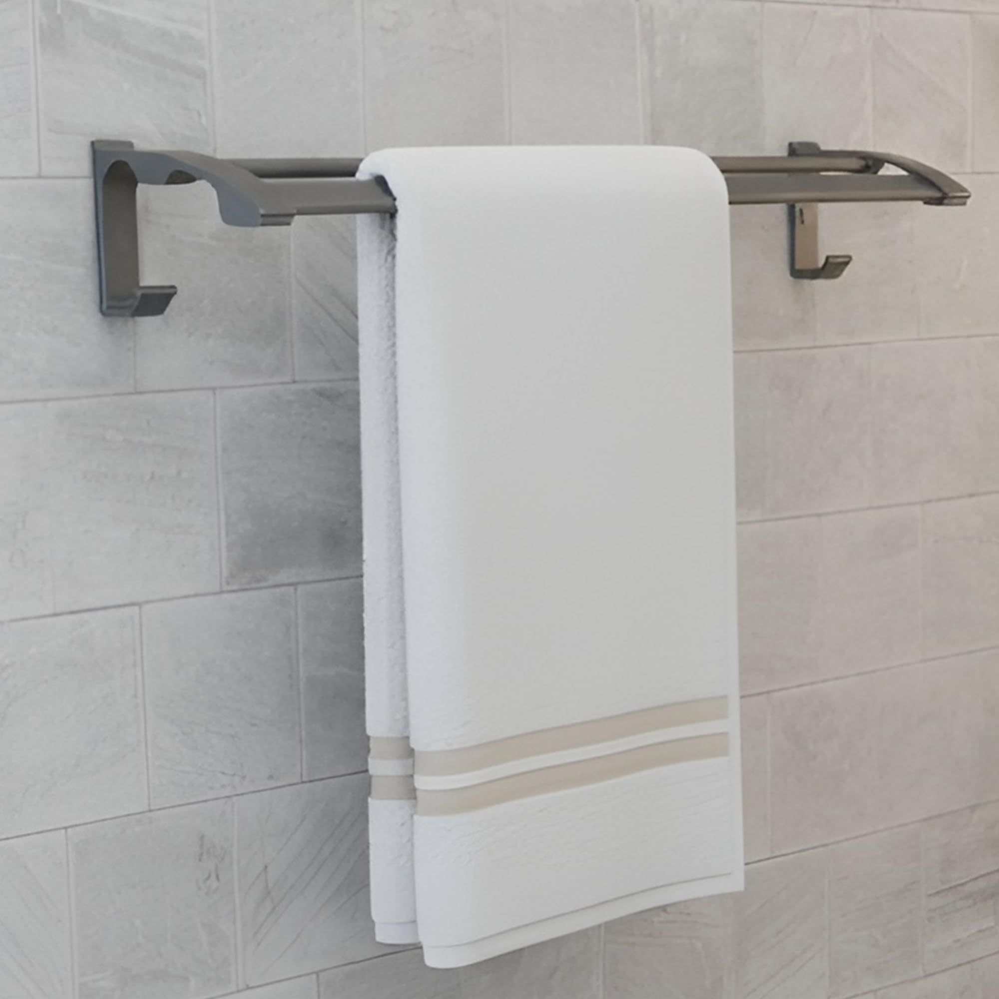 iBELL 59 cm (23-Inch) Wall-Mounted Double Towel Rod with Hooks | Stainless Steel Bathroom Towel Holder | Dark Grey Chrome Finish | Corrosion Resistant, Anti-Peel and Scratch Resistant |