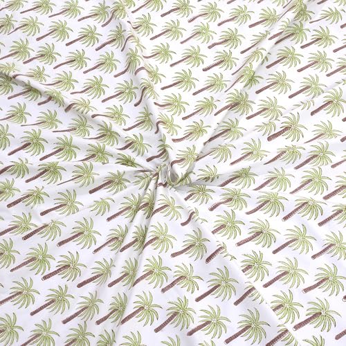 Image of TOAI Hand Block Printed Bedsheet | Bed Sheet Flatsheet | Pure Cotton | Double Bed King Size 108 inchx108 inch | 300 TC Bedsheets | Includes 2 Pillow Covers Palm Trees (Green Brown White)