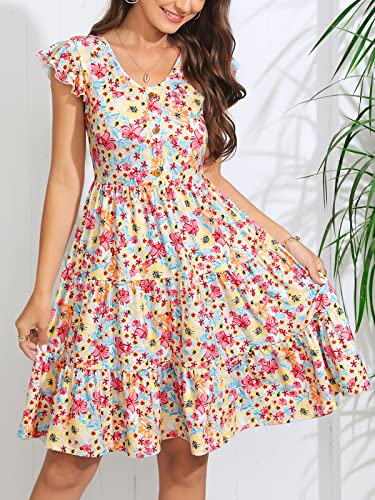 Image of Lamilus Summer Dresses for Women 2026 Ruffle Sleeve V Neck Non-See Through Tiered Babydoll Mini Dress Graduation Beach