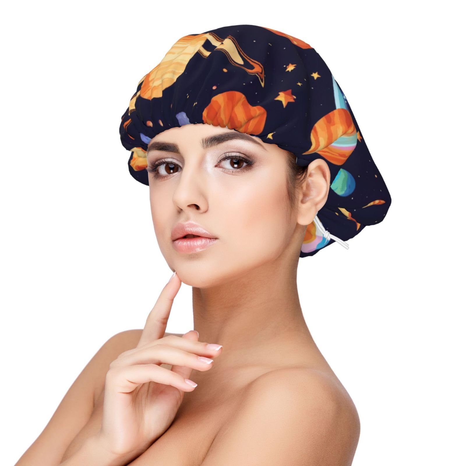 Double Layer Reversible Hair Wrap Satin Sleep Planet Pattern Cap Bonnet for Braid Curly Hair Satin Bonnet Black
