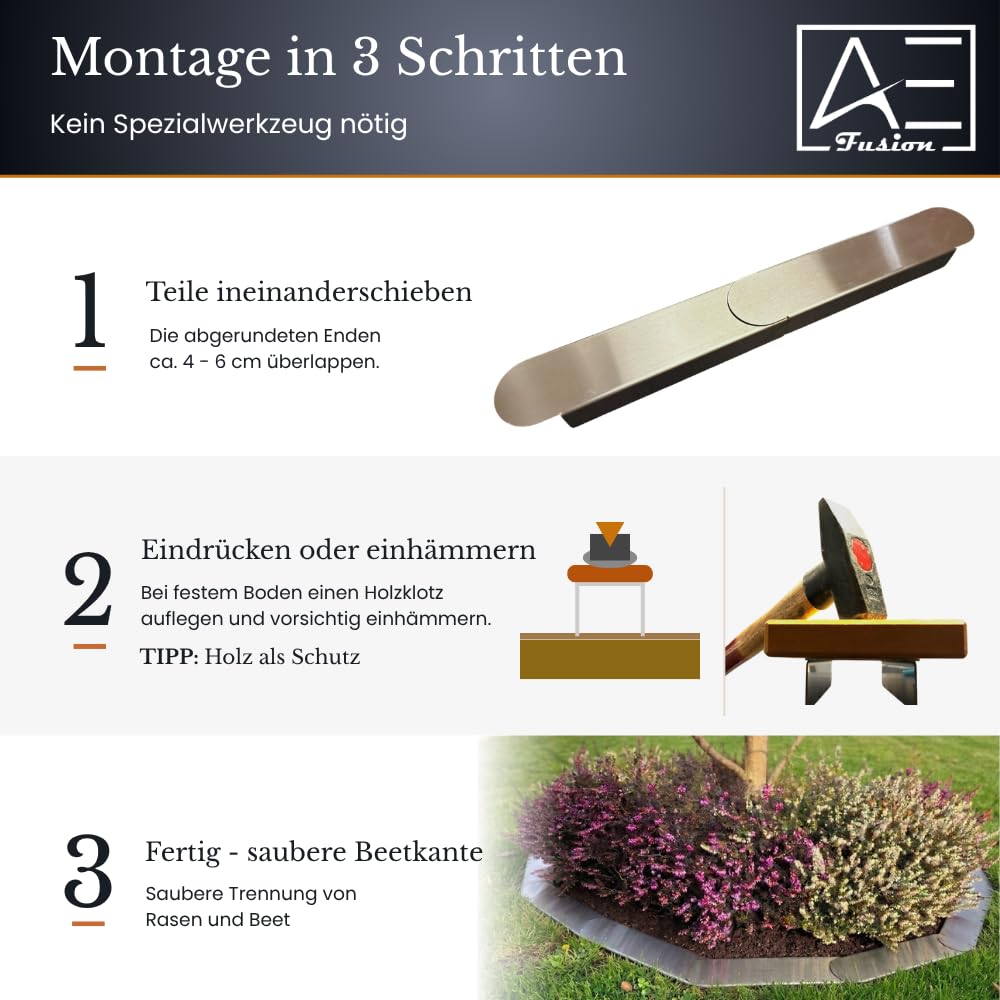 Rasenkanten Mittelstück 10er-Set flach | Beetbegrenzung Metall 400×80×40mm | Rasenkante Metall | Cortenstahl/Edelstahl V2A | Beeteinfassung Mähkante | Made in Germany