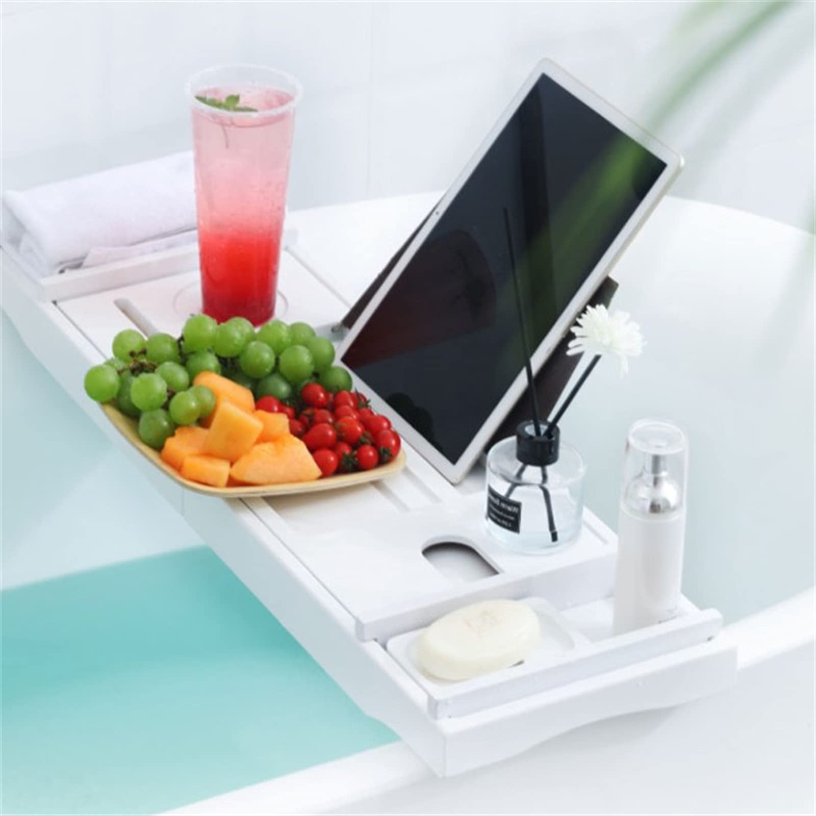 Bandeja de bambú para bañera con lados extensibles y soporte de jabón extraíble, soporte de baño ajustable para accesorios de spa y artículos esenciales