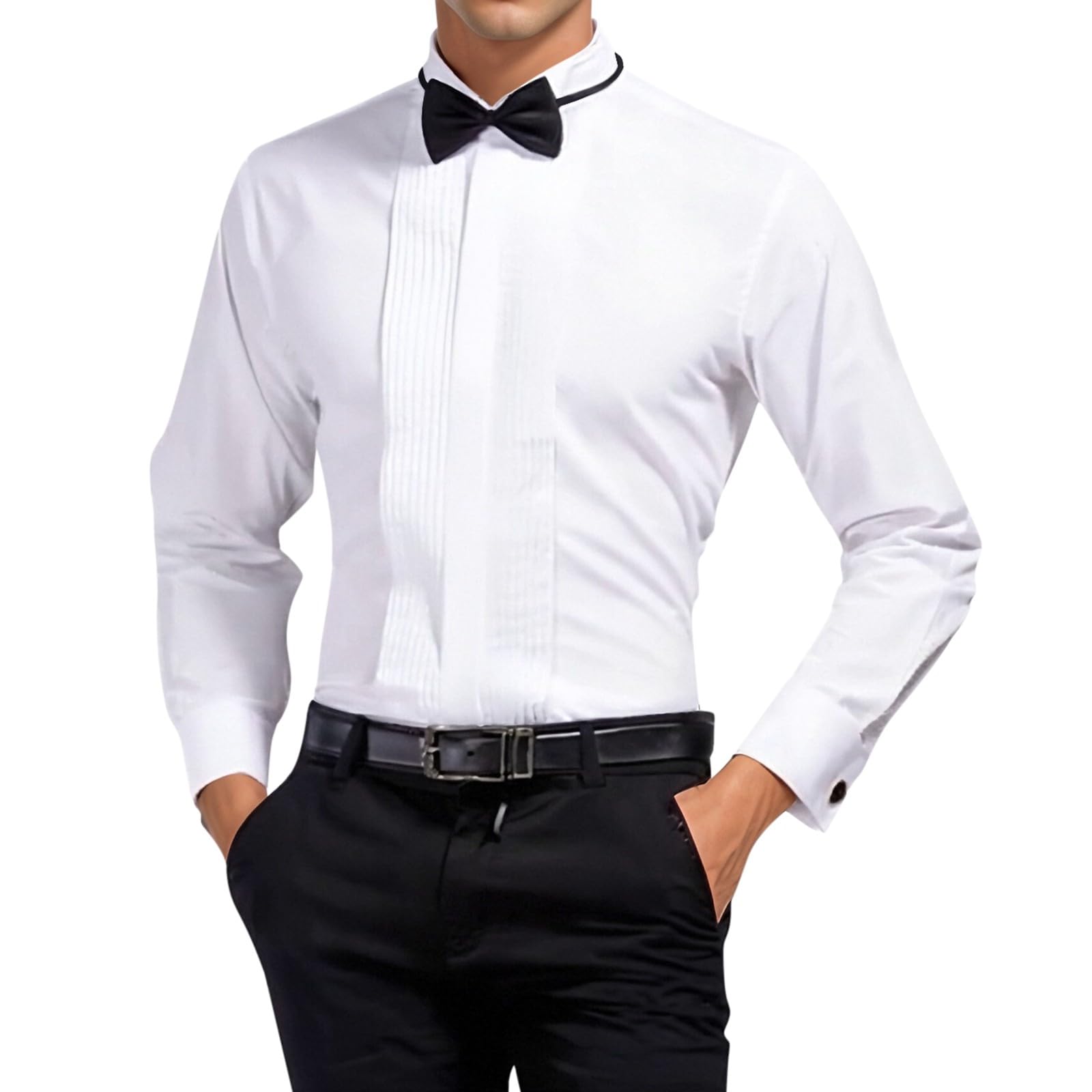 Chemise de smoking pour homme - Col rabattu - Chemise boutonnée - Plis avant - Manches françaises avec 2 nœuds papillon - Couleur unie