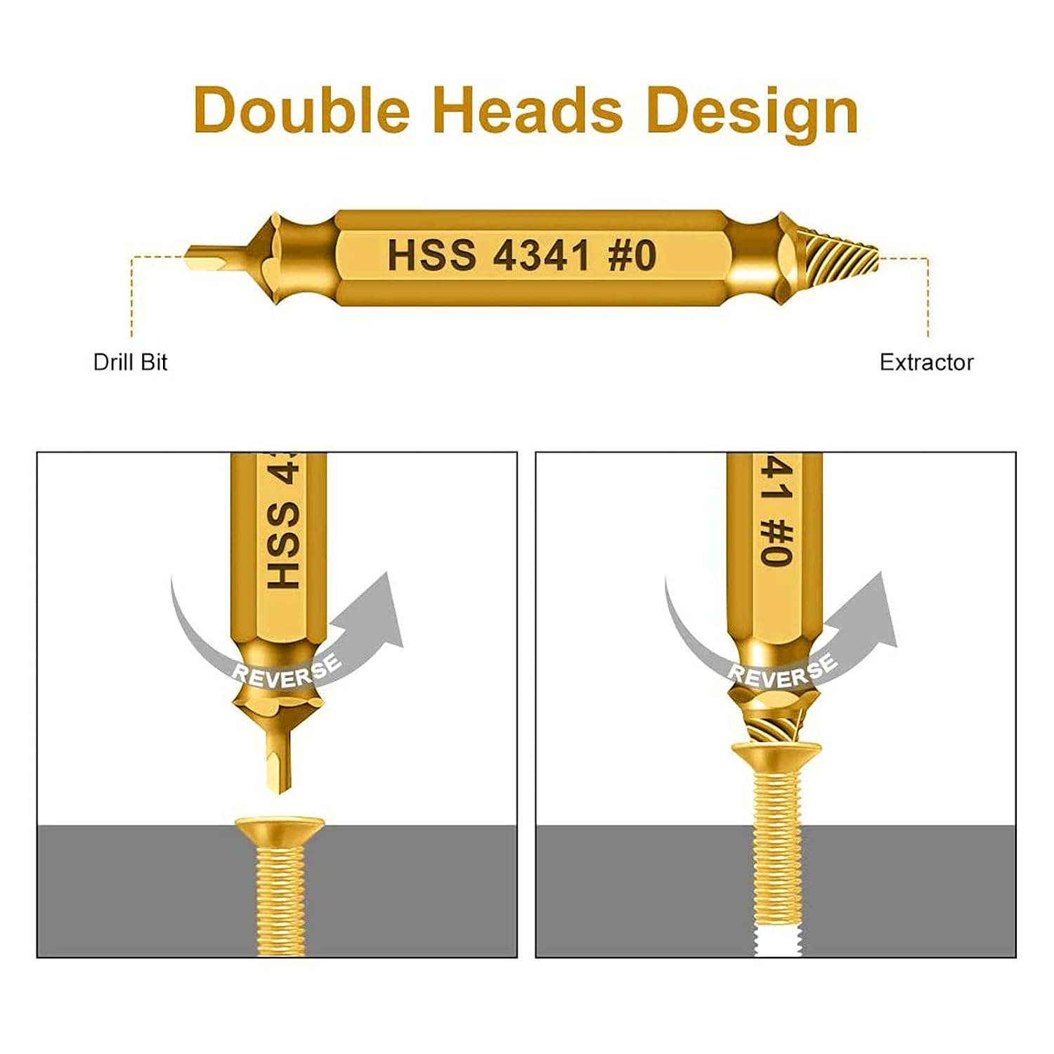 Professional Screw Extractor Set, 5-Piece HSS 4341 Double-Headed Drill Bits, Gold Titanium-Coated Steel, M3-M18 Size Range with Storage Case, for Damaged Screw Removal
