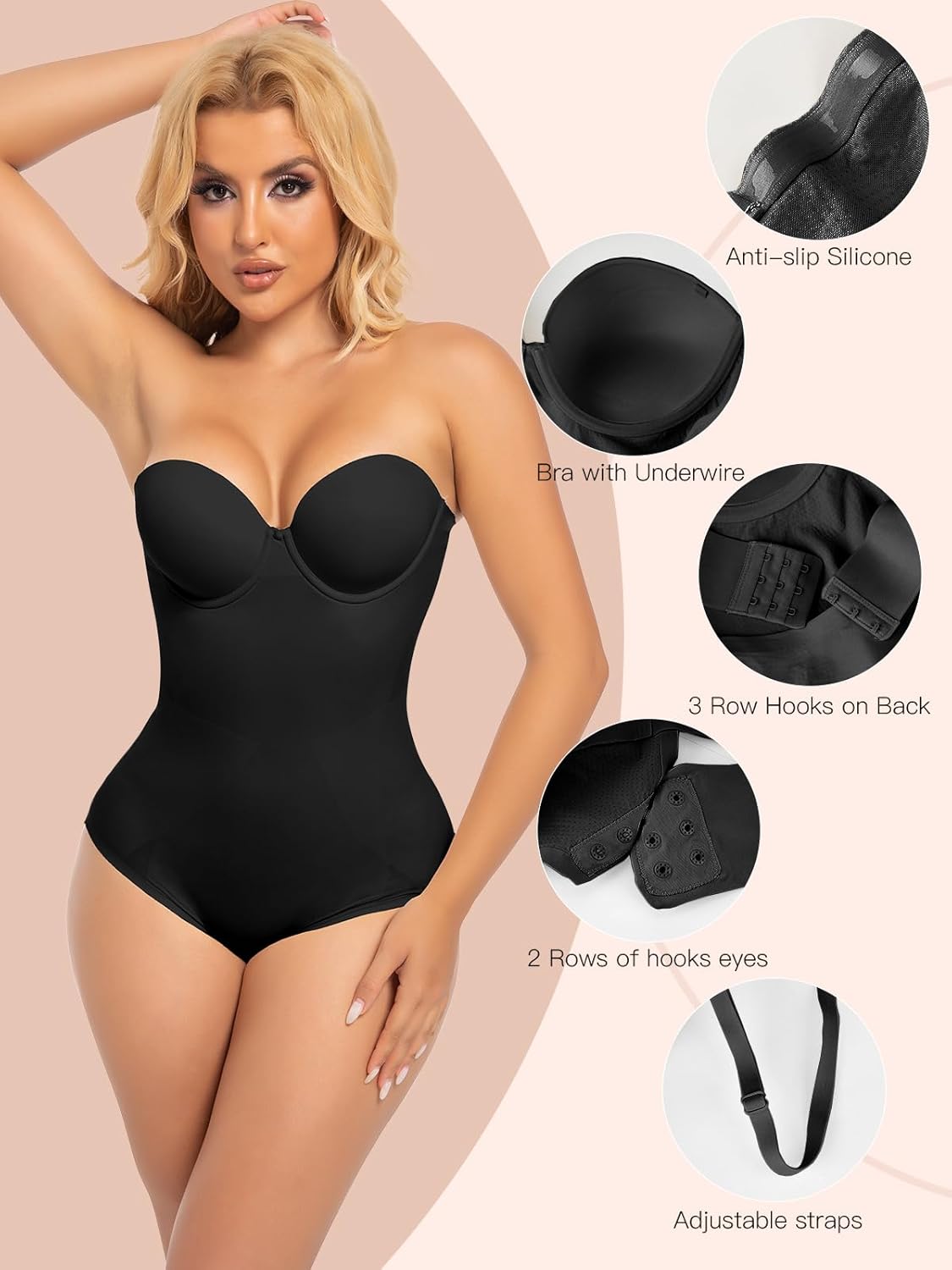 Slimers Strapless Shapewear Seamless Bodysuit - Tummy Control Sculpt Body Shaper : Removable Straps Butt Lifting Shapewear - Image 2