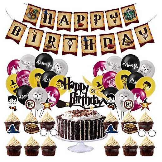 BlinBlin Födelsedagsdekorationer för Harry Potter-fest, magiska födelsedagsdekorationer, grattis på födelsedagen banderoller ballonger återanvändbara, tårtdekoration, cupcaketoppar, barn HP 9 ¾ födelsedagsfest dekorationer